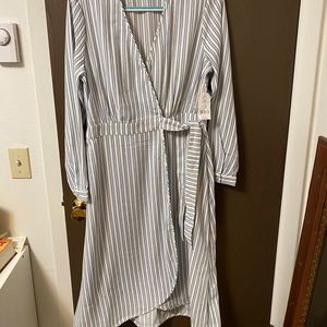 Blue and white striped wrap dress